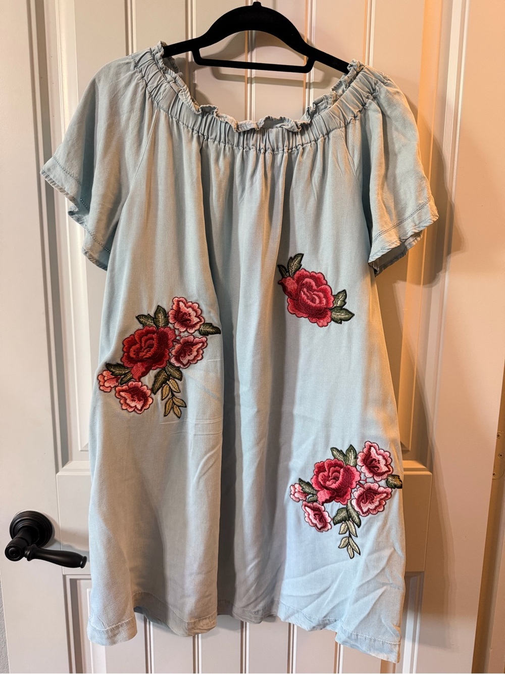 Light Blue Off-Shoulder Dress with Pink Rose Embroidery